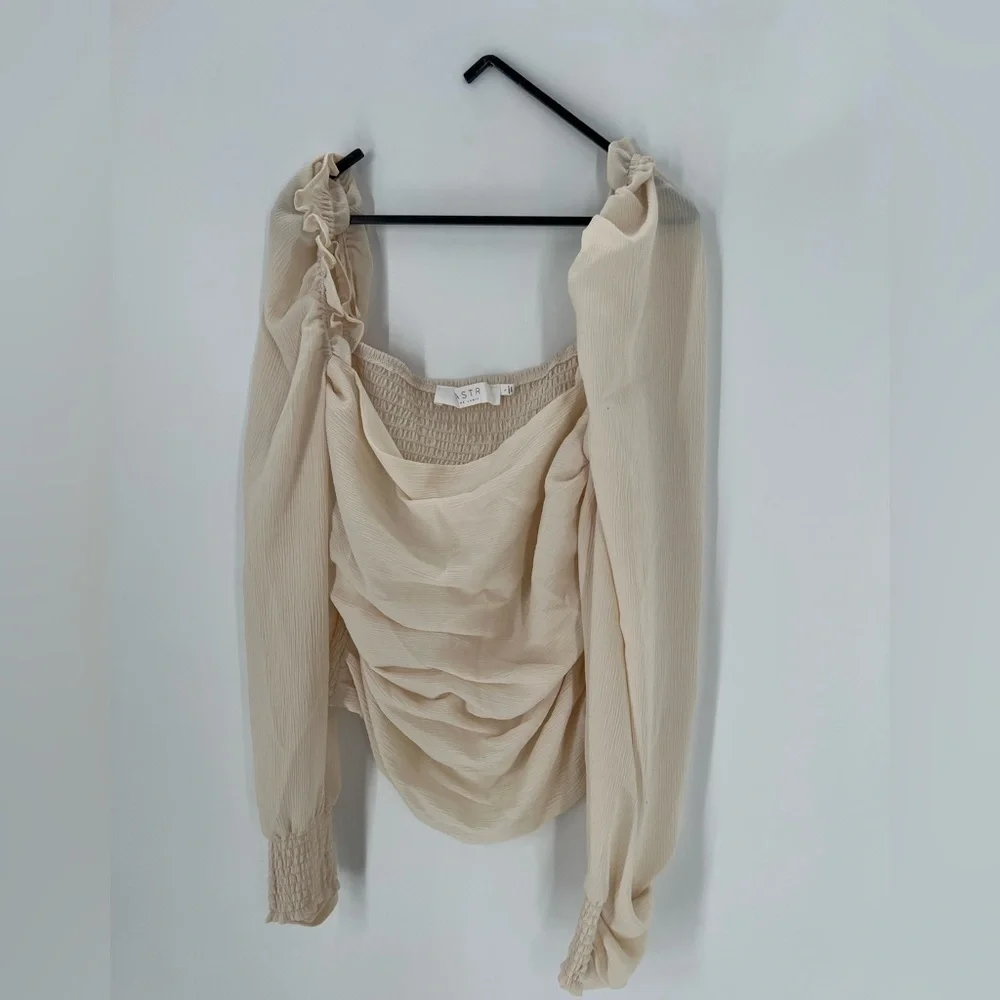ASTR Puff Sleeve Square Neck Ruched Draped Smocked Blouse Top